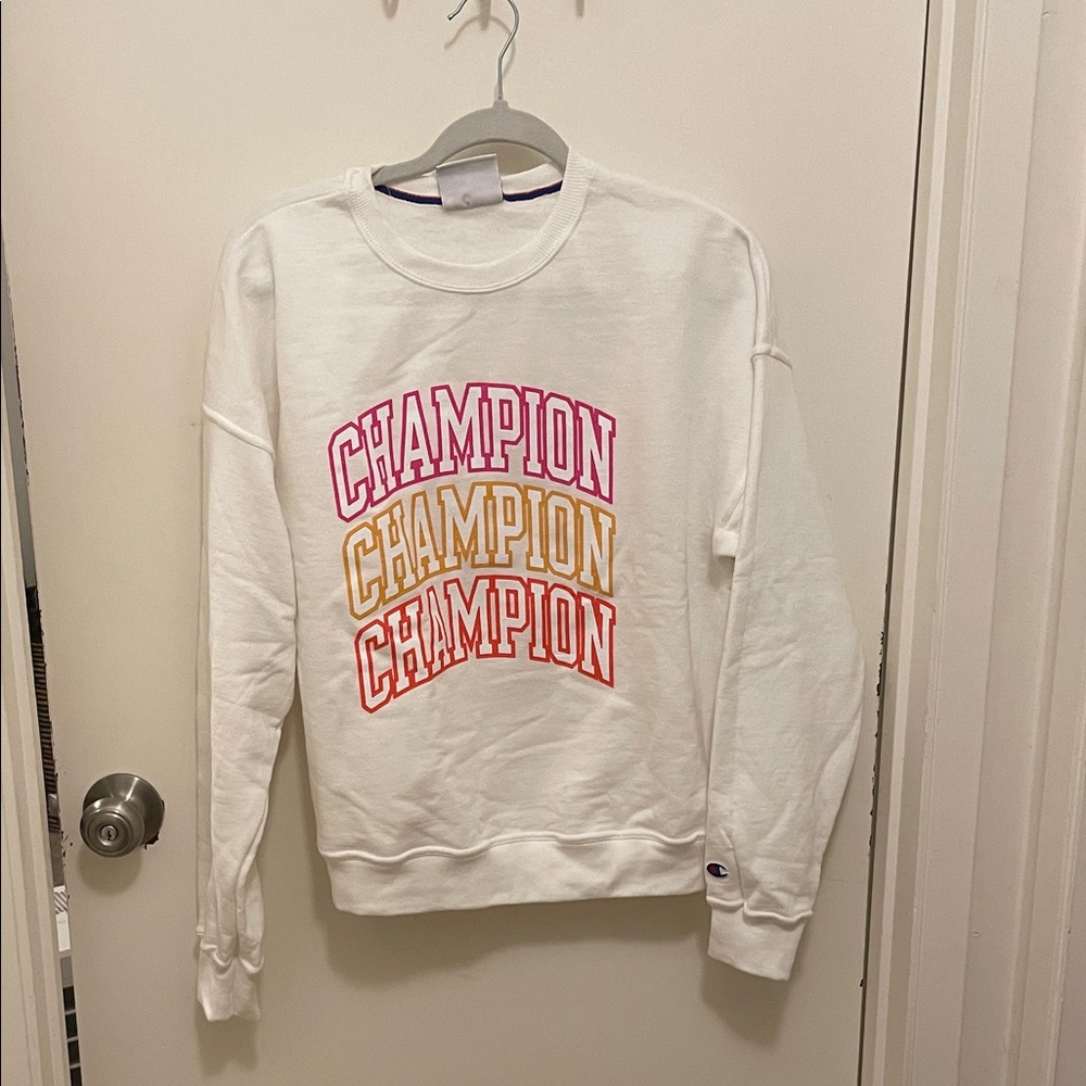 Champion White Crewneck Sweatshirt with Pink, Yellow and Red Stacked Logo